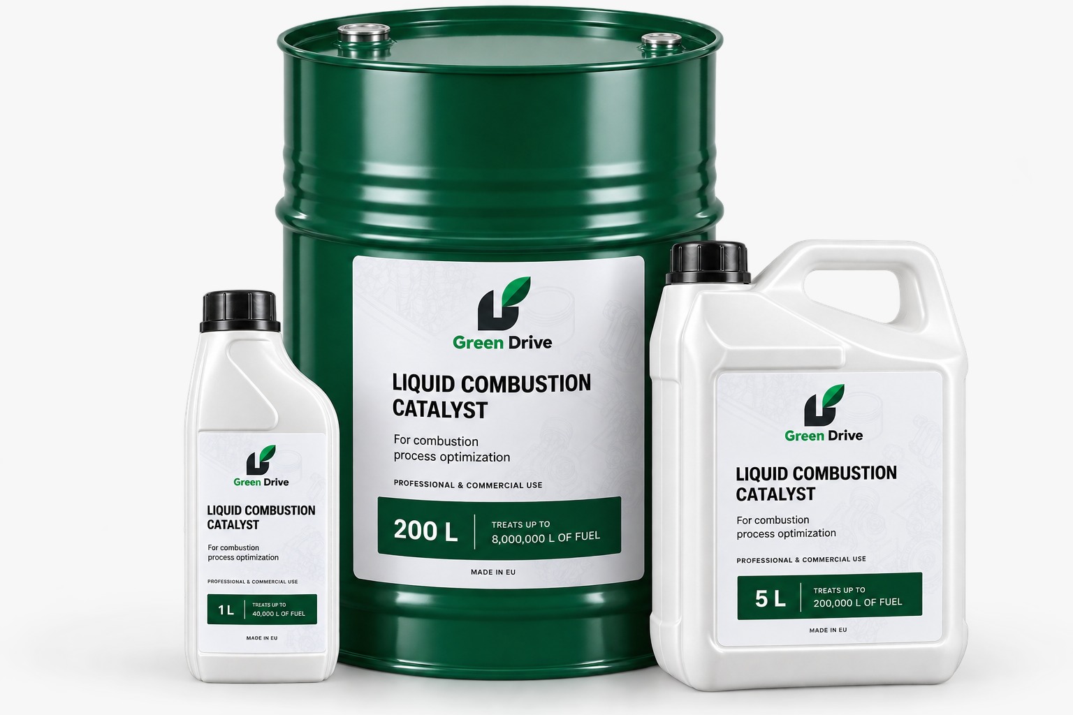 Green Drive liquid combustion catalyst available in 1 L bottle, 5 L canister and 200 L drum
