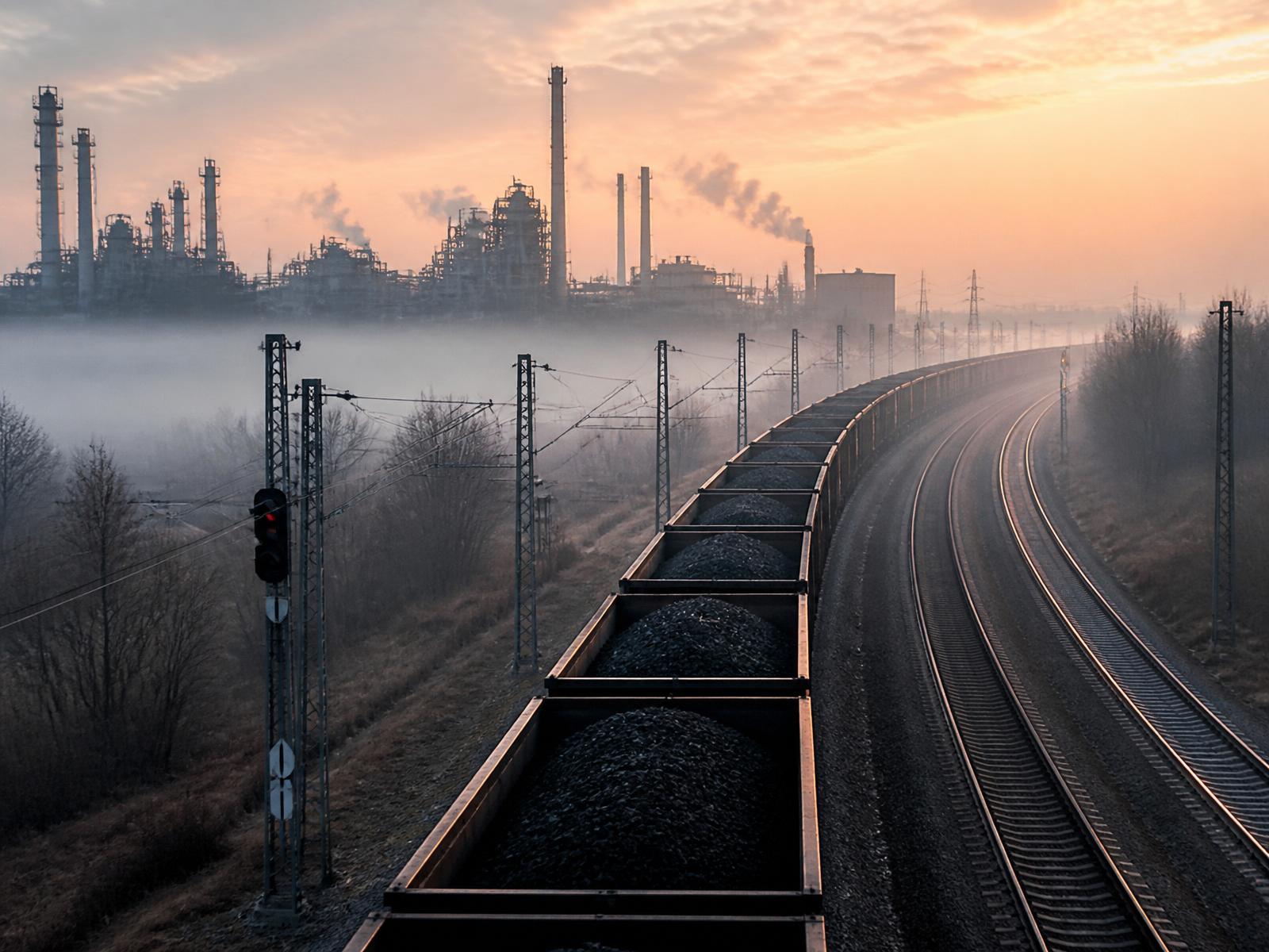 Freight train at industrial refinery at dawn